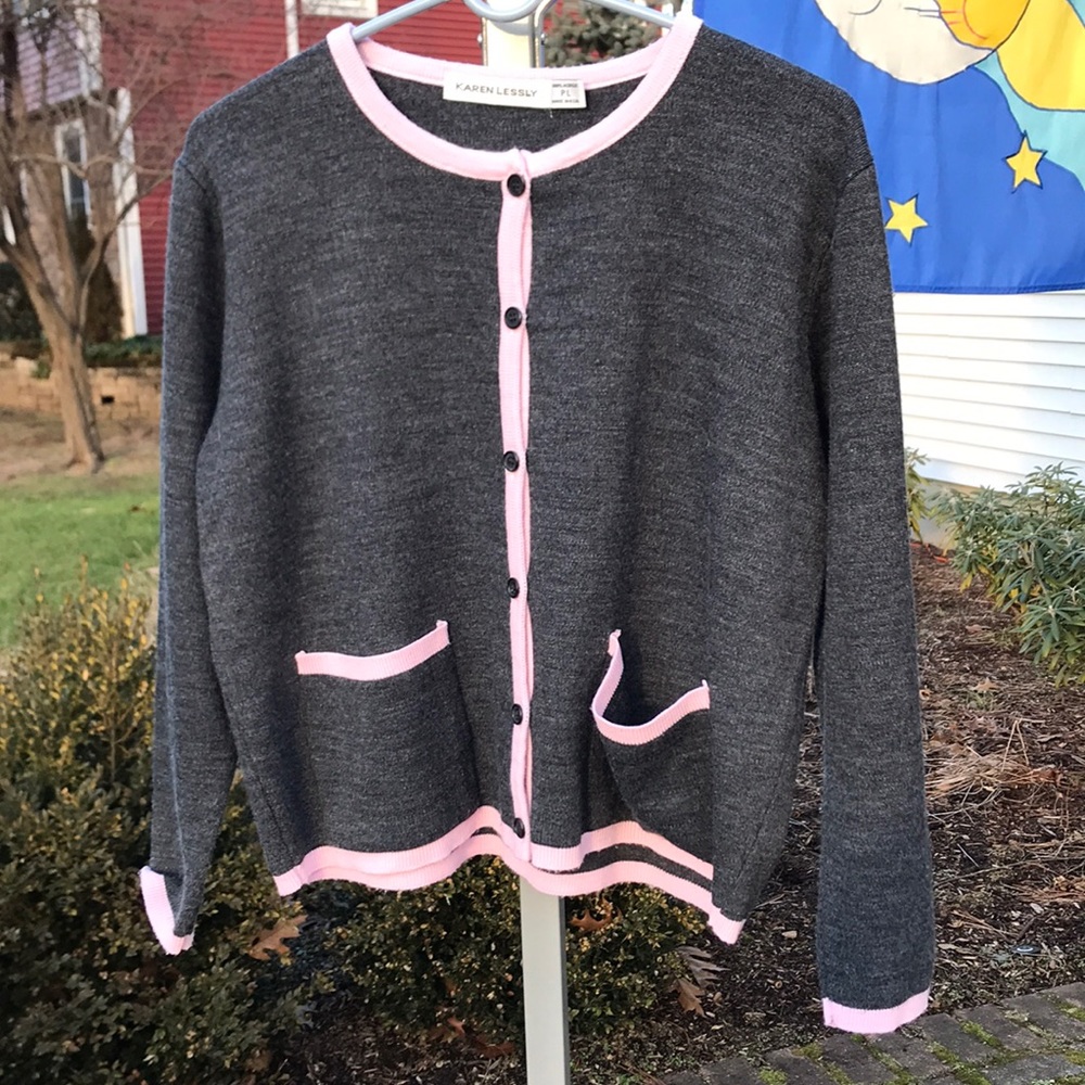 Karen Lessly Cardigan, Heather Gray w/ Pink Trip, Women's Size Petite Large